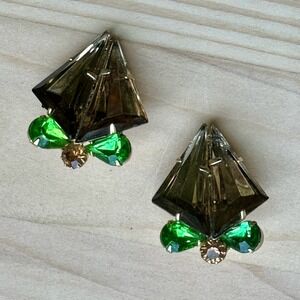 VTG Art Deco Style Clip Earrings 1.5 Inch Smoky Green Crystal Rhinestone Elegant